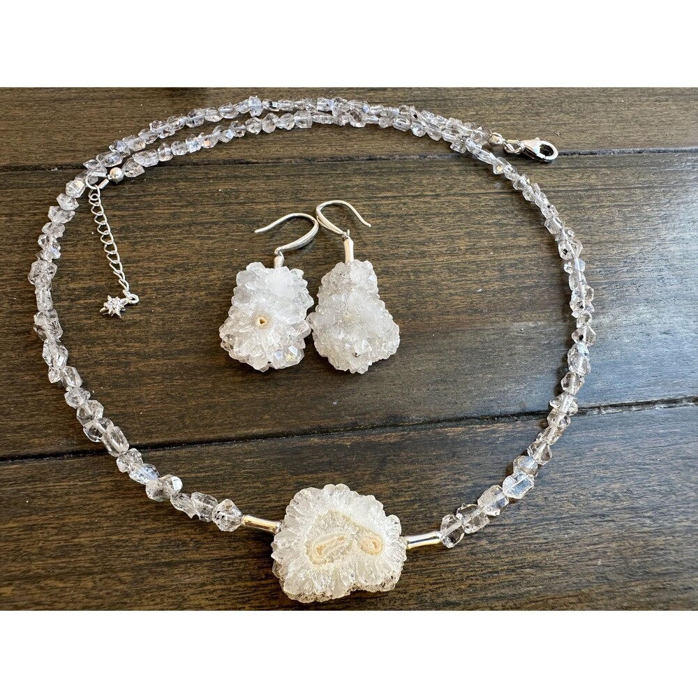 18 Raw Agate & Herkimer Diamond Jewelry Set – 925 Sterling Silver, Crystal Quart